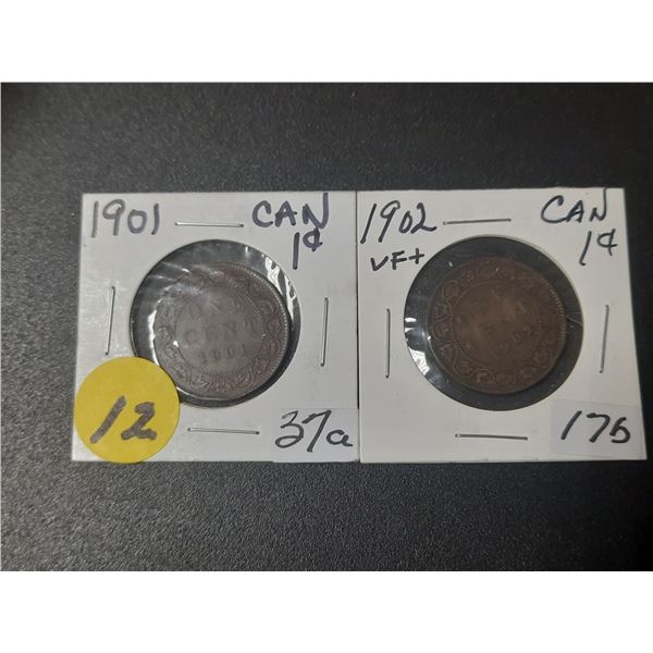 Large 1901 and 1902 Canadian pennies