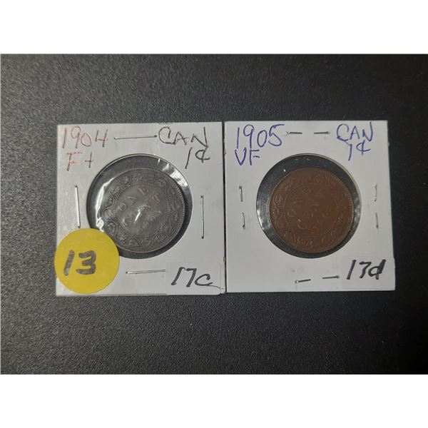 Large 1904 and 1905 Canadian pennies