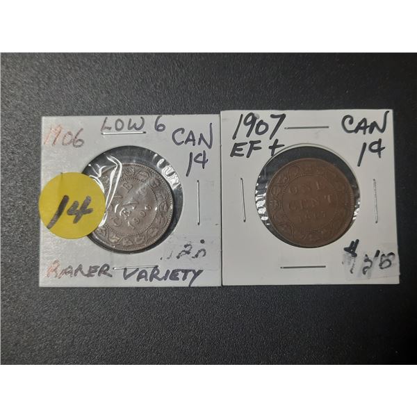Large 1906 and 1907 Canadian pennies