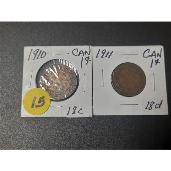 Large 1910 and 1911 Canadian pennies
