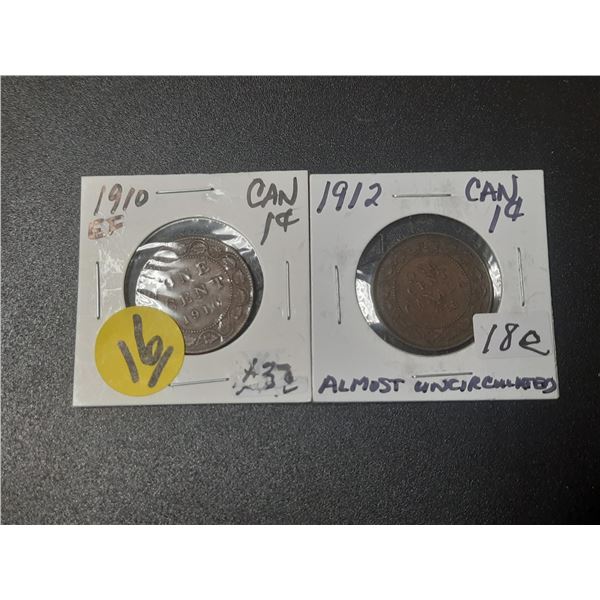 Large 1910 and 1912 Canadian pennies