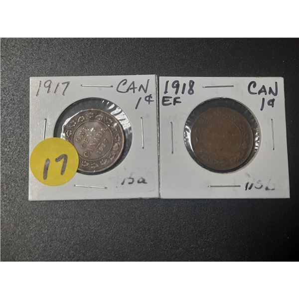 Large 1917 and 1918 Canadian pennies