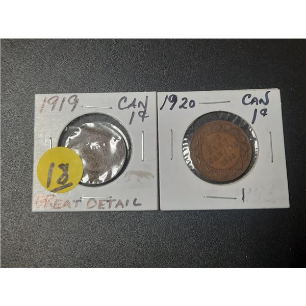 Large 1919 and 1920 Canadian pennies