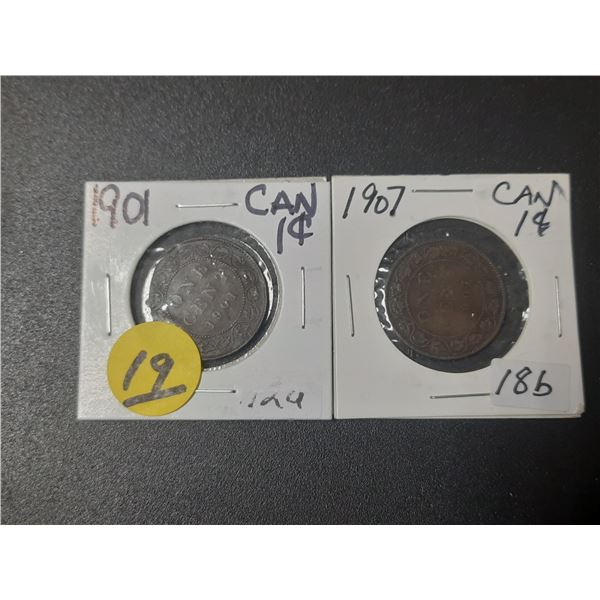 Large 1901 and 1907 Canadian pennies