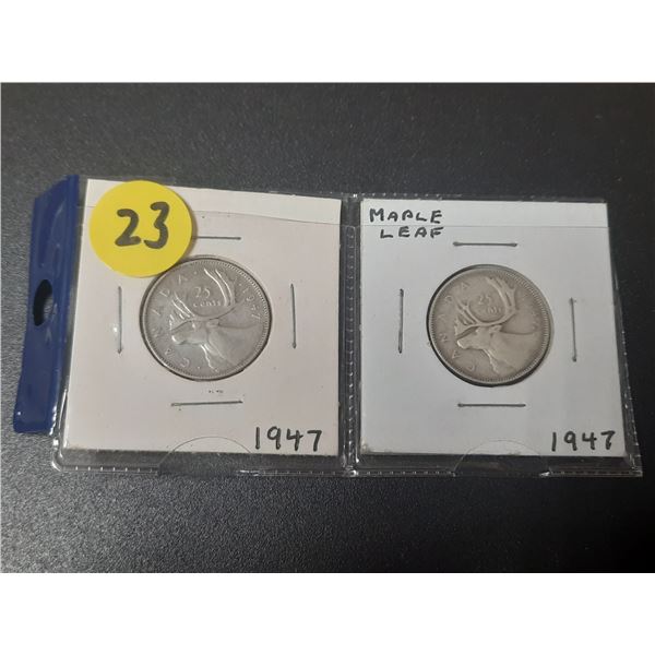 2- 1947 Canadian silver 25 cent coins