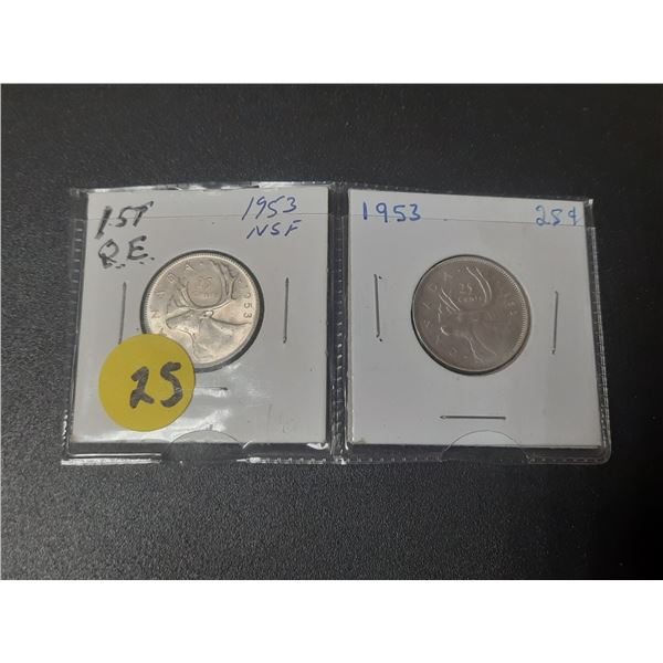 2- 1953 Canadian silver 25 cents