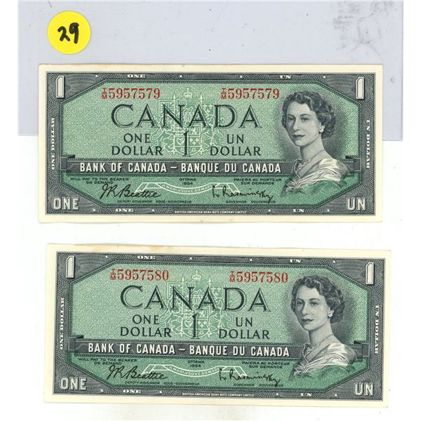 2- 1951 Canadian 1 dollar bills