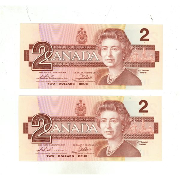 2 1986 Canadian 2 dollar bills