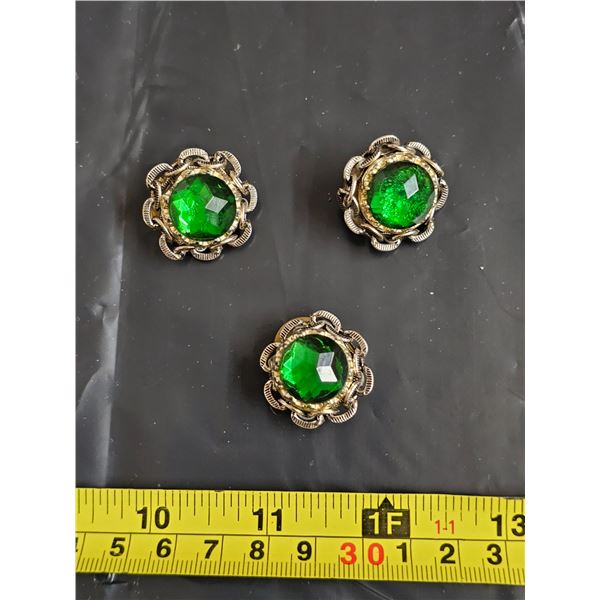 Vintage Green Stone Clip-On Earrings & Pendant.  Stamped “Western Germany”