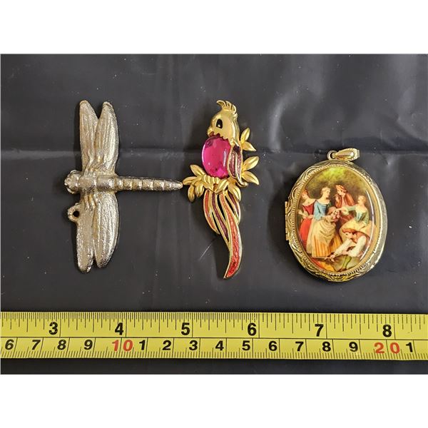 Locket, Dragonfly Pendant, Parrot Brooch