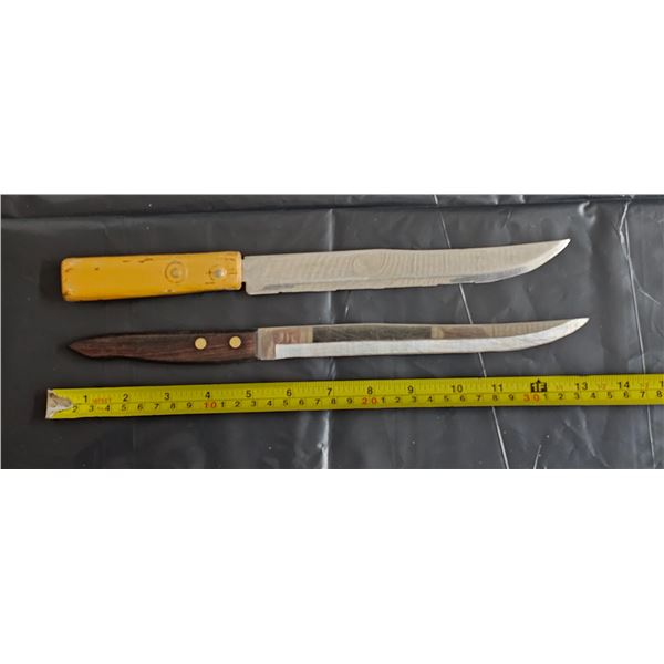 (2) Vintage Kitchen Knives.  Yellow Handled Knife is Stamped “Burns Stainless”