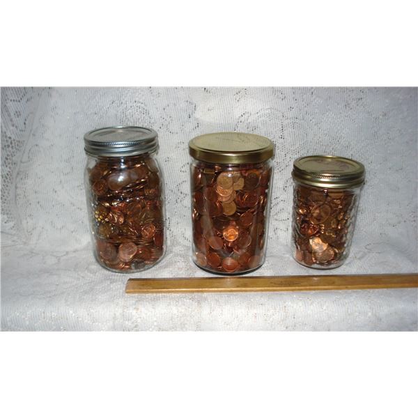 3 Large Jars Of Pennies  Approx 19-20 Lbs