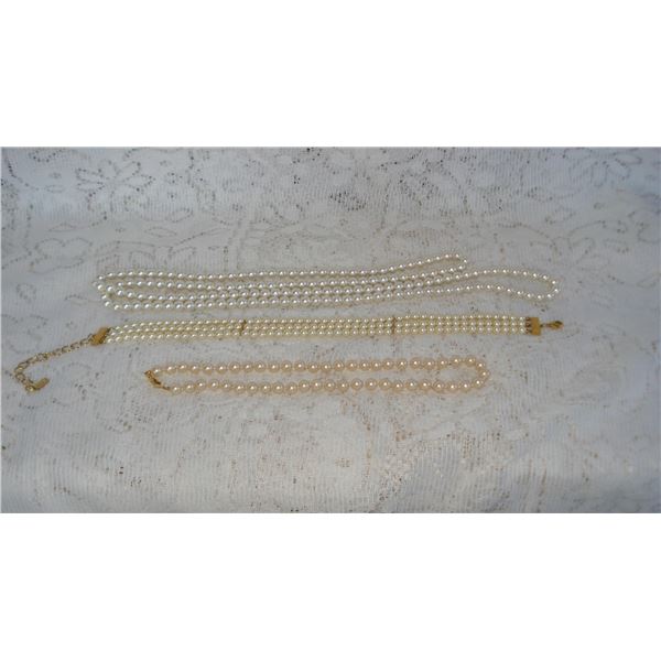 3 Simulated Pearl Necklaces.  Center is Signed 1928