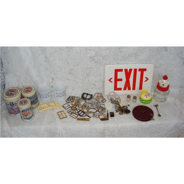 Lot Of Misc Items  Vintage Metal Buckles  Keys  Exit Sign Etc.