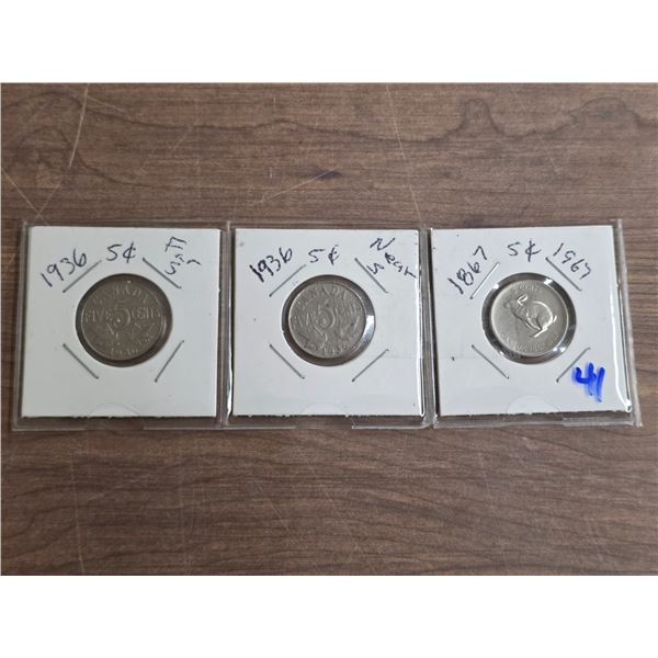 2- 1936 5 cent and 1- 1867-1967 5 cent coins