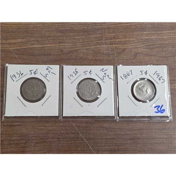 2- 1936 5 cent and 1- 1867-1967 5 cent coins