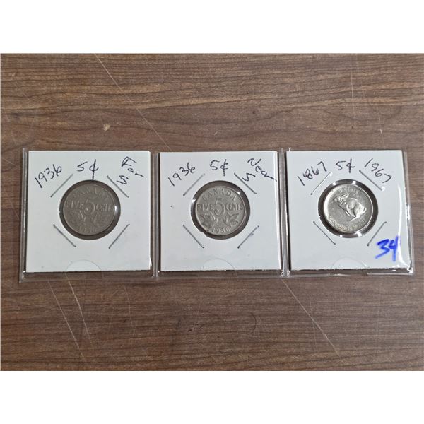 2- 1936 5 cent and 1- 1867-1967 5 cent coins