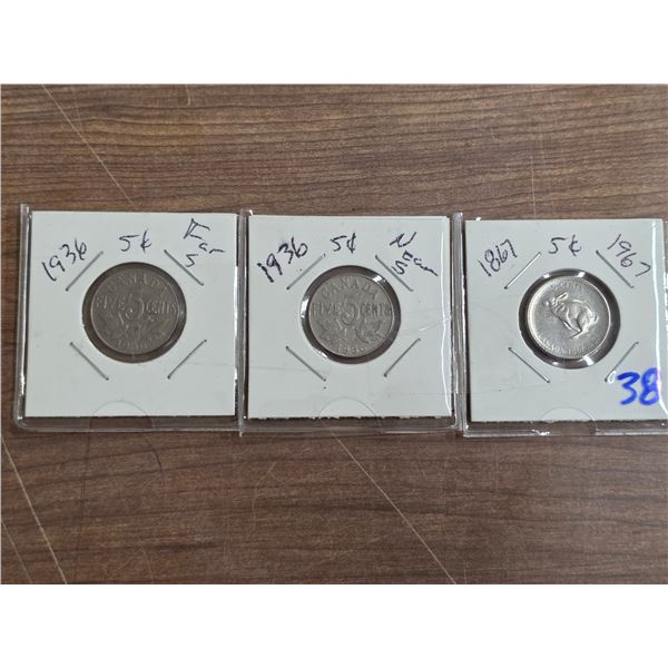 2- 1936 5 cent and 1- 1867-1967 5 cent coins
