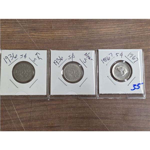 2- 1936 5 cent and 1- 1867-1967 5 cent coins