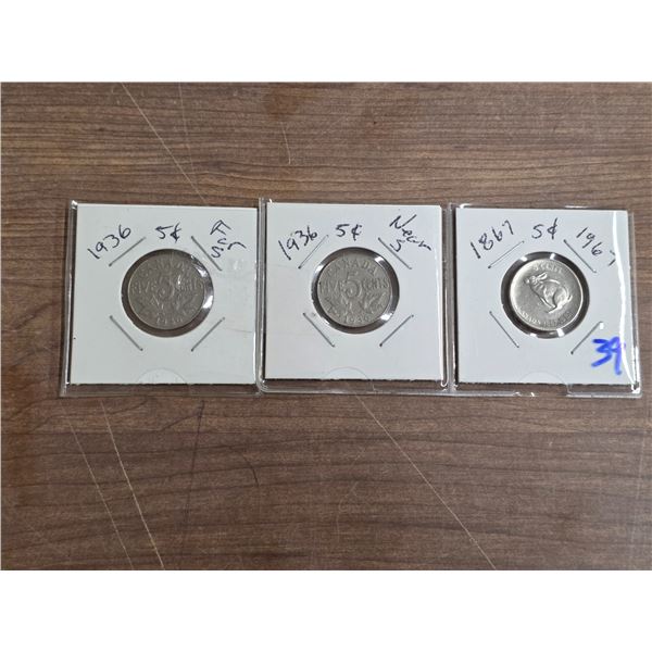 2- 1936 5 cent and 1- 1867-1967 5 cent coins