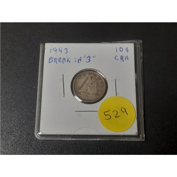 1943 Canada Silver 10 Cents.