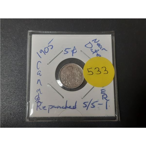 1905 Canada Silver 5 Cents.