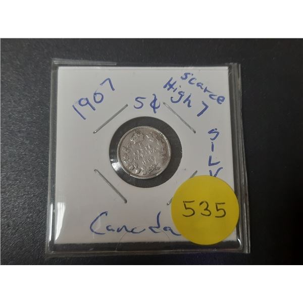 1907 Canada Silver 5 Cents.