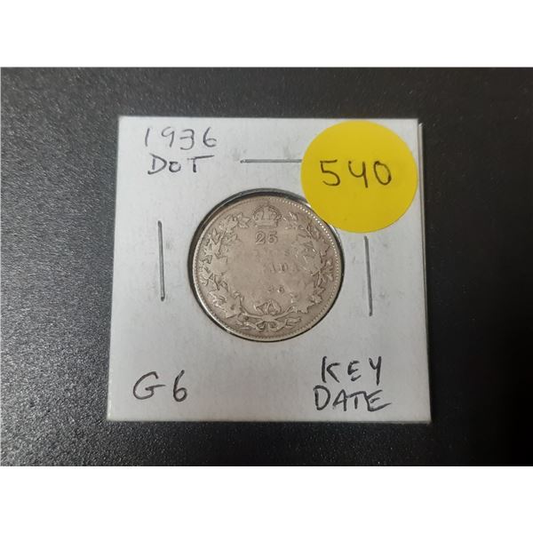 1936 Canada Silver 25 Cents.