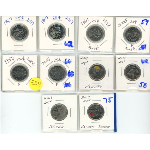 (10) Assorted Canadian Quarters 1992-2017 (Painted & Regular)