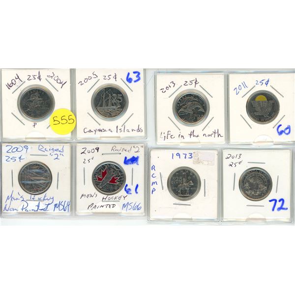 (7) Canadian 25 cent Coins, (1) Cayman Island 25 cent Coin