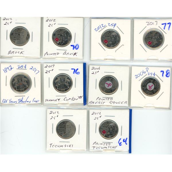 (10) Assorted Canadian Quarters 2006-2017 (Painted & Regular)