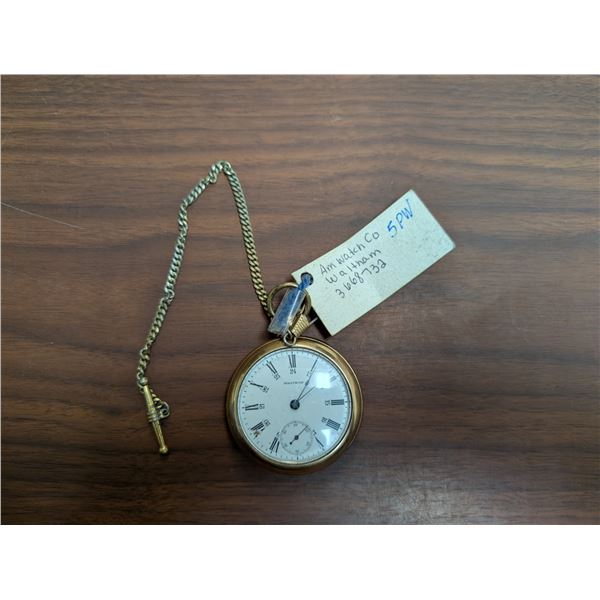 AM Watch Co. Waltham 3668732 5PW 11611656 289345 A.W.C, co. Fortune Pocket watch w/Key Runs
