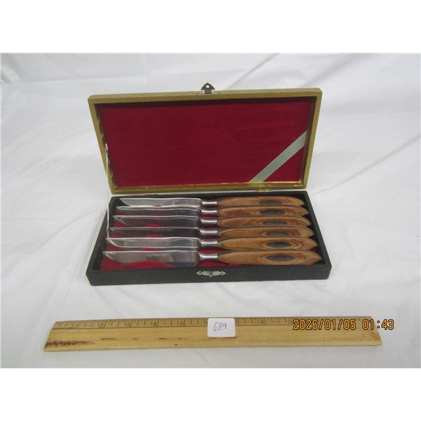 Set of Wooden Handled MCM Steak Knives in Original Display Box