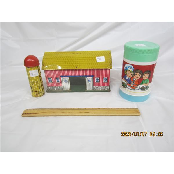 Vintage Tin Barn W/ Silo and a Campbells Kid Thermos
