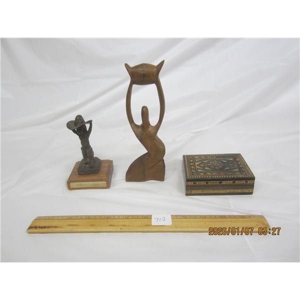 Cowboy trophy, Wood MCM Statue, and a wooden Box