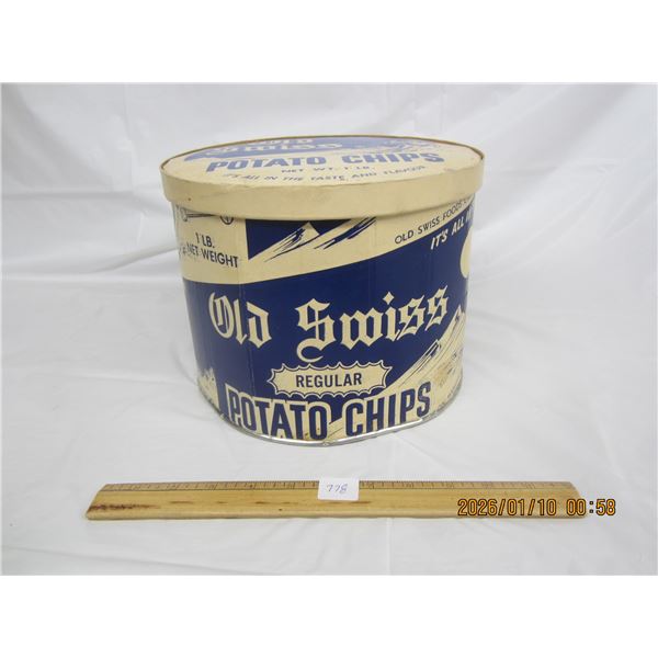 Antique Cardboard Old Swiss Potato Chips Container made in Flin Flon Manitoba Good Condition