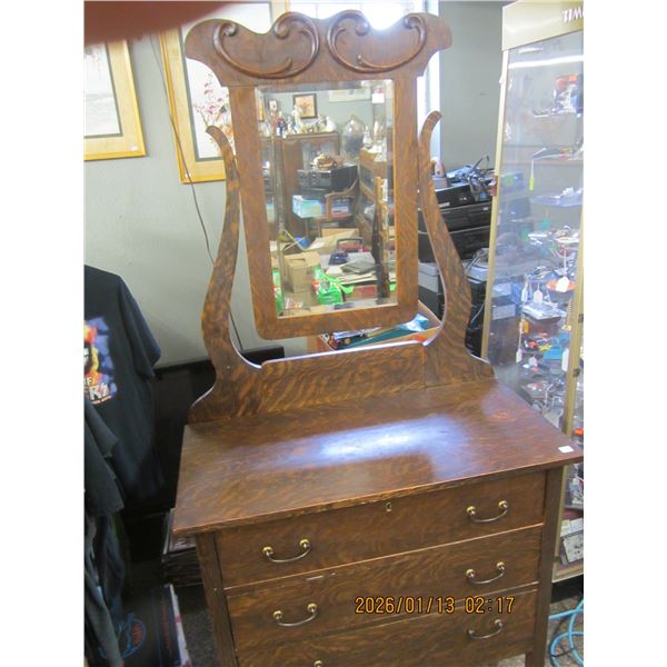 Clean Original Finish 3 Drawer Antique Dresser with Matching Mirror