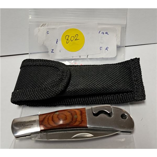 guardian stainless folding knife c/w sheath 3" handle, 2" blade