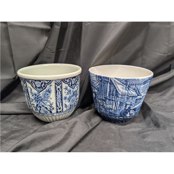 (2) Blue and White Pottery Pots (Markings on Bottom)