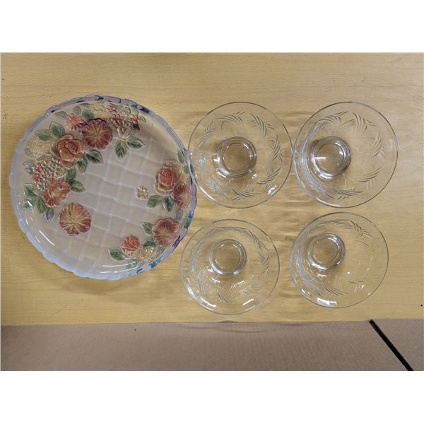4 marked anchor glass bowls and floral design dish tray