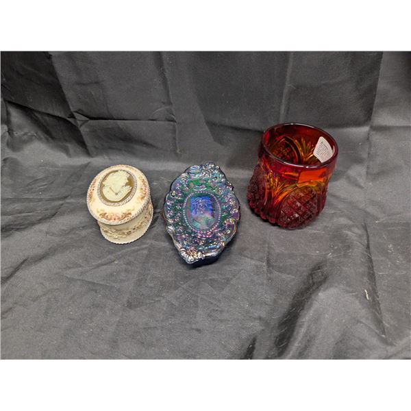 Tamarack Glass Candle Holder, Carnival Glass Pin tray, and Jewelry Box