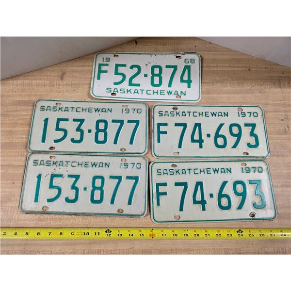 5 Sask license plates- 1968 and 1970's