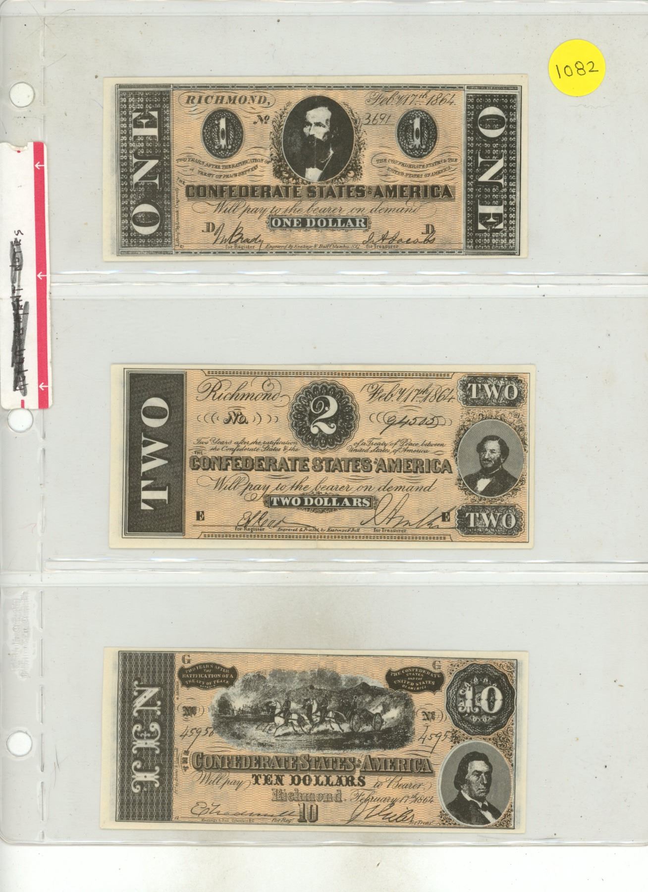 Set of 3 Counterfeit Confederate States of America notes. 1864 $1, 1864 ...