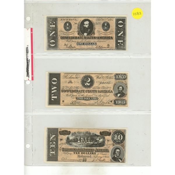 Set of 3 Counterfeit Confederate States of America notes. 1864 $1, 1864 $2 & 1864 $10. None of these