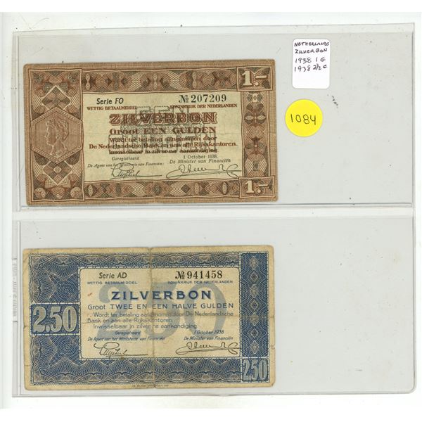 Set of 2 Netherlands Zilverbon notes. 1938 1 Gulden & 1938 2 ½ Gulden. At one time, you could go to 