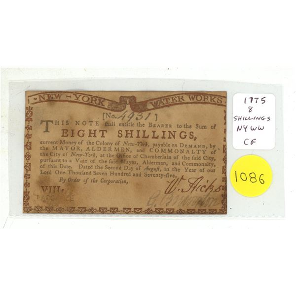 Counterfeit U.S. 1775 New York Water Works 5 Shillings note. This is not a real note.