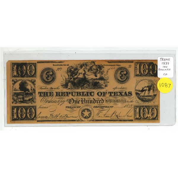 Counterfeit Republic of Texas 1839 $100 note. This is not a real note.