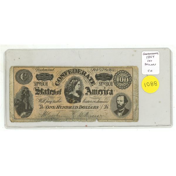 Counterfeit Confederate States of American 1864 $100 note. This is not a real note.