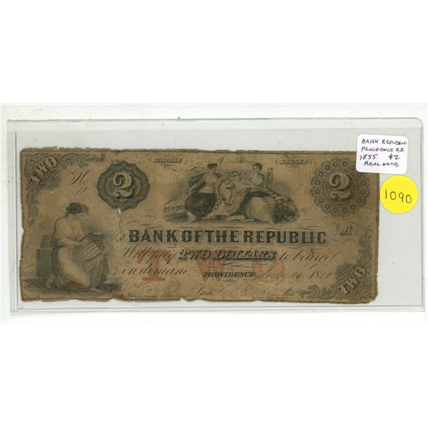 Bank of the Republic 1855 $2. Providence Rhode Island. This is a real note. VG.