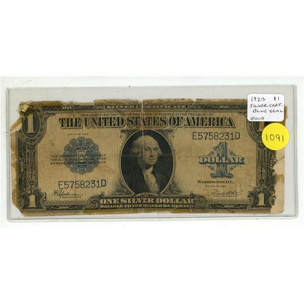 U.S. 1923 $1 Silver Certificate. George Washington. Blue Seal. At one time, you could go to your ban